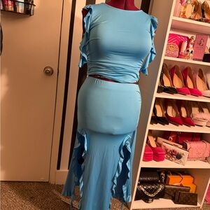 Blue Ruffle Detail Women's 2-Piece Set